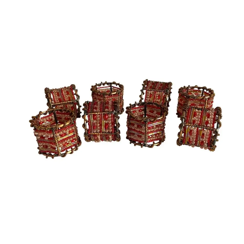 Pier 1 Beaded Napkin Rings Set of 8 Red Copper Moroccan Boho Table Decor
